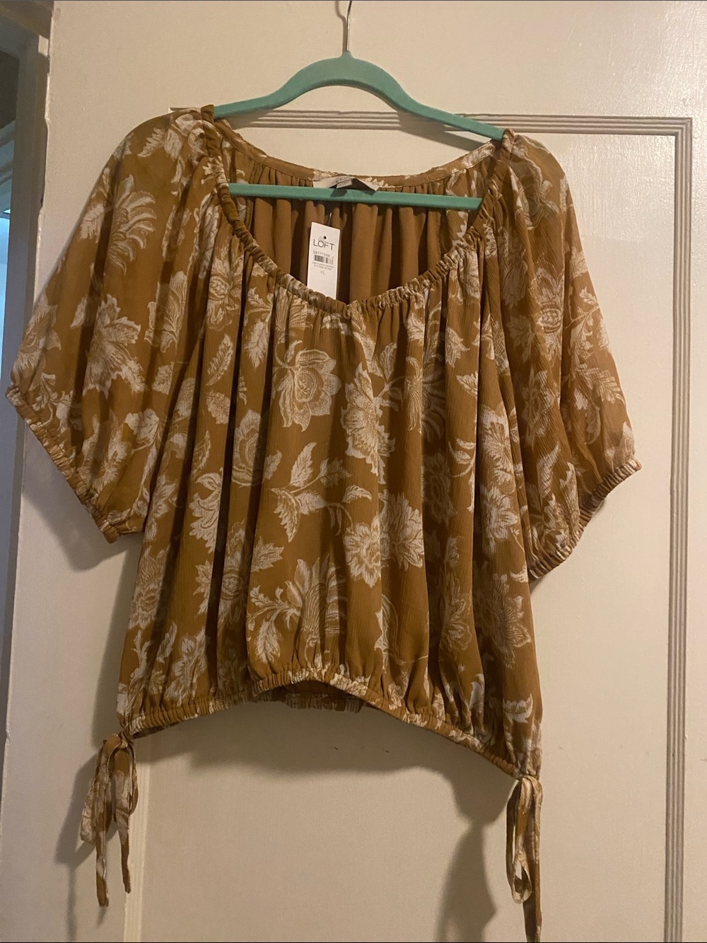 LOFT Mustard Floral Peasant Blouse with Tie Hem